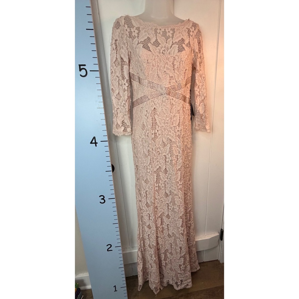Adrianna Papell Cottagecore Pink Lace Crochet Sequin Maxi Dress Women's 4 NEW